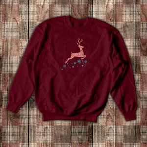 Christmas Rose Gold Reindeer Sweatshirt/ Aqua Glitter Snowflakes Christmas Fleece Sweater/ Flying Reindeer Winter Holiday Top