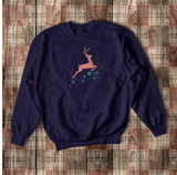 Christmas Rose Gold Reindeer Sweatshirt/ Aqua Glitter Snowflakes Christmas Fleece Sweater/ Flying Reindeer Winter Holiday Top