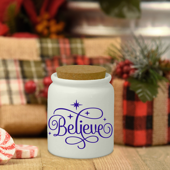 Christmas Ceramic Jar/ Believe Creamer/ Sugar/ Spice Jar With Cork Lid Holiday Farmhouse Kitchen Gift
