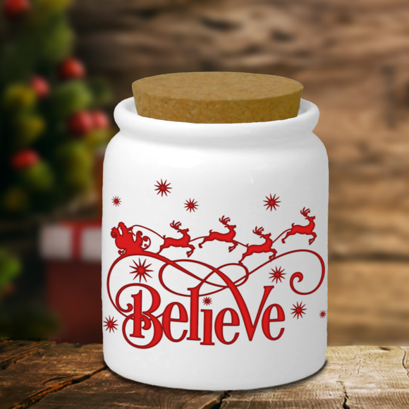 Christmas Ceramic Jar/ Believe In Santa Red Reindeer And Sleigh Creamer/ Sugar/ Spice Jar With Cork Lid Holiday Farmhouse Kitchen Gift