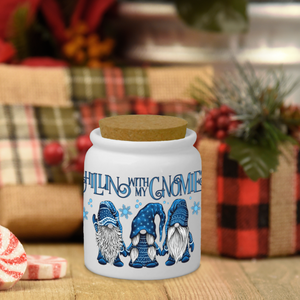 Christmas Gnome Ceramic Jar/ Chillin With My Gnomies Blue Snowflakes Creamer/ Sugar/ Spice Jar With Cork Lid Holiday Farmhouse Kitchen Gift