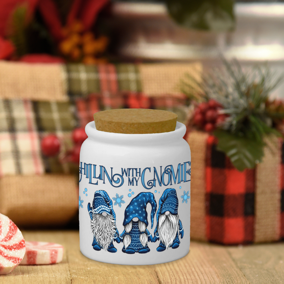 Christmas Gnome Ceramic Jar/ Chillin With My Gnomies Blue Snowflakes Creamer/ Sugar/ Spice Jar With Cork Lid Holiday Farmhouse Kitchen Gift