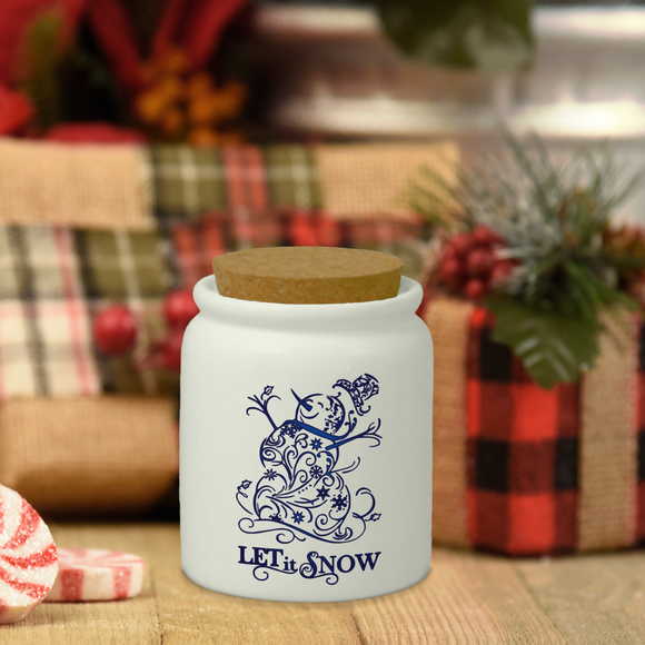 Christmas Let It Snow Ceramic Jar/ Blue Swirly Filigree Snowman Winter Sugar/ Spice Jar With Cork Lid Country Holiday Farmhouse Kitchen Gift