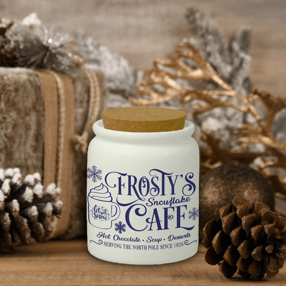 Christmas Ceramic Jar/ Frosty's Snowflake Café At The North Pole Sugar/ Spice Jar With Cork Lid Country Holiday Farmhouse Kitchen Gift