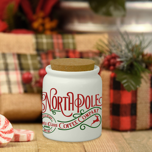 Christmas Ceramic Jar/ North Pole Coffee Company Retro Santa Sign Sugar/ Spice Jar With Cork Lid Country Holiday Farmhouse Kitchen Gift