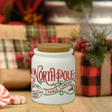 Christmas Ceramic Jar/ North Pole Cookie Company Retro Santa Sign Sugar/ Spice Jar With Cork Lid Country Holiday Farmhouse Kitchen Gift