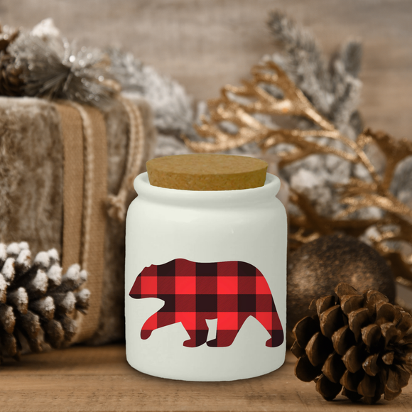 Christmas Ceramic Jar/ Red Plaid Winter Bear Creamer/ Sugar/ Spice Jar With Cork Lid Country Holiday Farmhouse Kitchen Gift