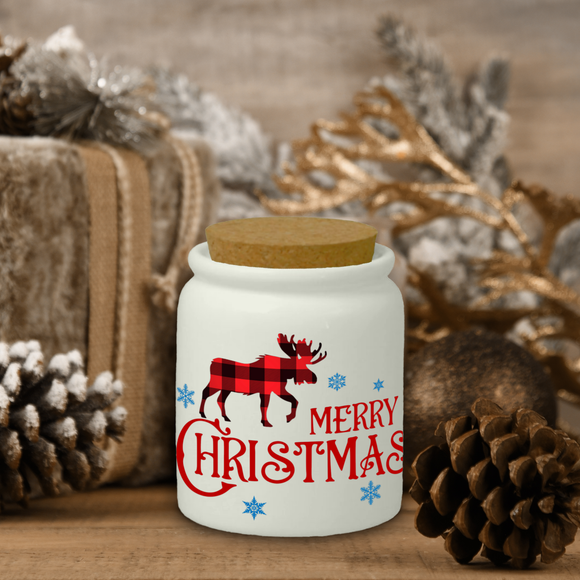 Christmas Ceramic Jar/ Red Plaid Merry Christmas Moose Creamer/ Sugar/ Spice Jar With Cork Lid Country Holiday Farmhouse Kitchen Gift