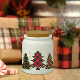 Christmas Ceramic Jar/ Red And Green Plaid Winter Trees Creamer/ Sugar/ Spice Jar With Cork Lid Country Holiday Farmhouse Kitchen Gift