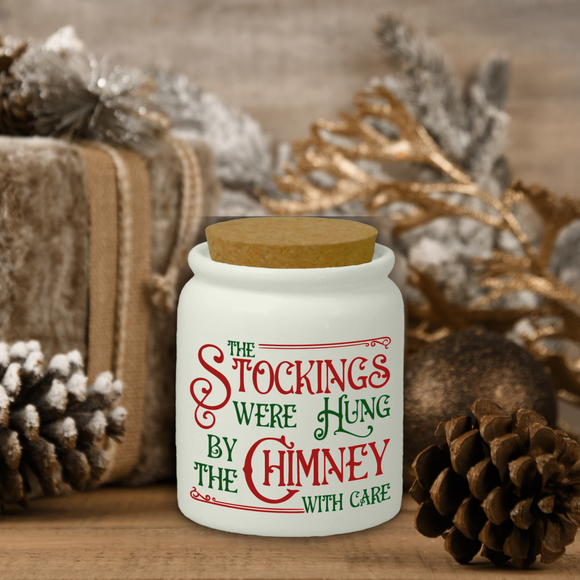 Christmas Ceramic Jar/ The Stockings Were Hung By The Chimney With Care Sugar/ Spice Jar With Cork Lid Country Holiday Farmhouse Kitchen