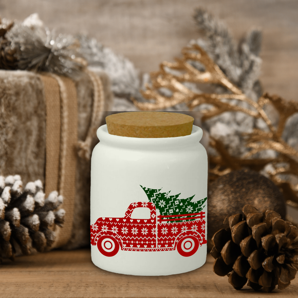 Christmas Ceramic Jar/ Red Sweater Truck And Tree Creamer/ Sugar/ Spice Jar With Cork Lid Country Holiday Farmhouse Kitchen Gift