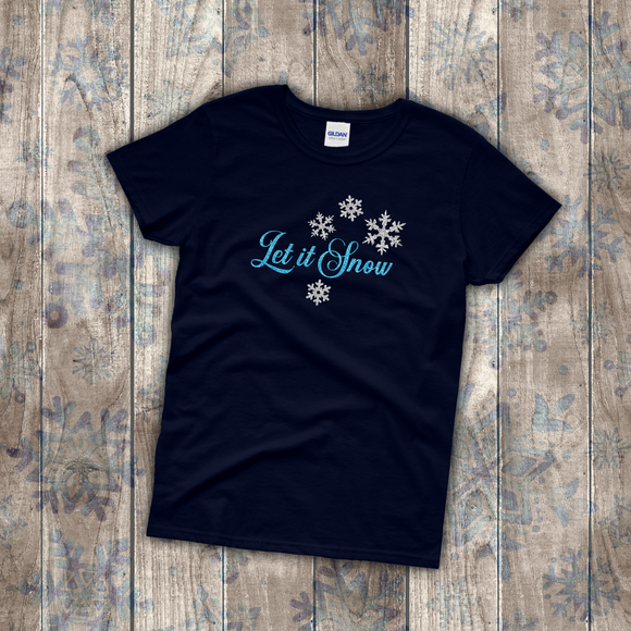 Christmas Shirts/ Glitter Let It Snow T-Shirts/ Silver Snowflake Winter Bling Holiday Top Christmas Gift