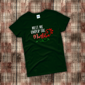 Christmas Mistletoe Shirts/ Meet Me Under The Mistletoe T-Shirts/ Metallic Red, Green Bling Winter Holiday Party Top Christmas Gift