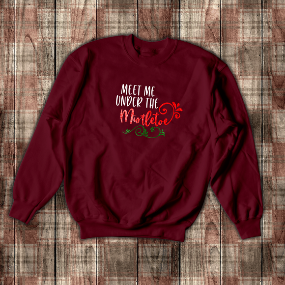 Christmas Mistletoe Sweatshirt/ Holiday Meet Me Under The Mistletoe Fleece Sweater/ Metallic Red, Green Bling Top