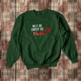 Christmas Mistletoe Sweatshirt/ Holiday Meet Me Under The Mistletoe Fleece Sweater/ Metallic Red, Green Bling Top