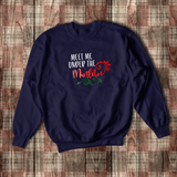 Christmas Mistletoe Sweatshirt/ Holiday Meet Me Under The Mistletoe Fleece Sweater/ Metallic Red, Green Bling Top