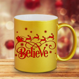 Christmas Mugs/ Believe In Santa Metallic Silver Gold Coffee Mug/ Red Reindeer And Sleigh Christmas Holiday Mug Gift