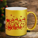 Christmas Mugs/ Believe In Santa Metallic Silver Gold Coffee Mug/ Red Reindeer And Sleigh Christmas Holiday Mug Gift