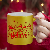 Christmas Mugs/ Believe In Santa Metallic Silver Gold Coffee Mug/ Red Reindeer And Sleigh Christmas Holiday Mug Gift