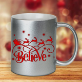 Christmas Mugs/ Believe In Santa Metallic Silver Gold Coffee Mug/ Red Reindeer And Sleigh Christmas Holiday Mug Gift