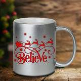 Christmas Mugs/ Believe In Santa Metallic Silver Gold Coffee Mug/ Red Reindeer And Sleigh Christmas Holiday Mug Gift