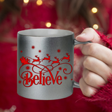 Christmas Mugs/ Believe In Santa Metallic Silver Gold Coffee Mug/ Red Reindeer And Sleigh Christmas Holiday Mug Gift