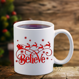 Christmas Mugs/ Believe In Santa Coffee Mug/ Red Reindeer And Sleigh Christmas Holiday Mug Gift