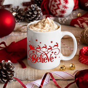 Christmas Mugs/ Believe In Santa Coffee Mug/ Red Reindeer And Sleigh Christmas Holiday Mug Gift