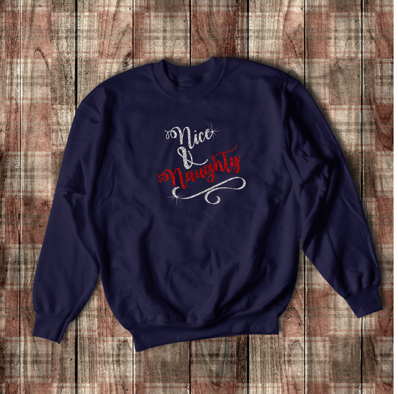 Christmas Nice And Naughty Sweatshirt/ Holiday Bling Glitter Silver And Red Naughty List Fleece Sweater