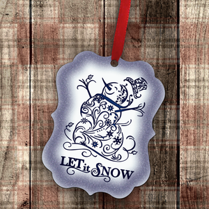 Christmas Let It Snow Ornament/ Blue Swirly Filigree Snowman Holiday Benelux Ornament/ Gift Tags