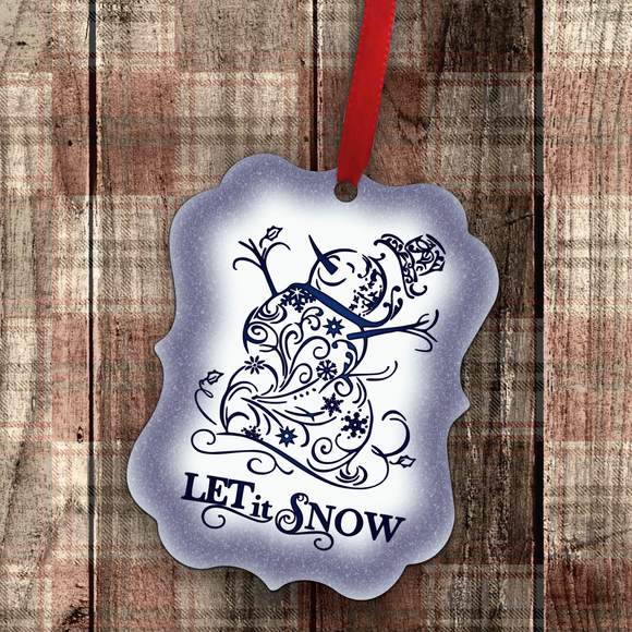 Christmas Let It Snow Ornament/ Blue Swirly Filigree Snowman Holiday Benelux Ornament/ Gift Tags