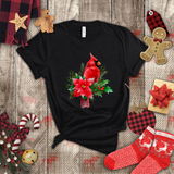 Christmas Shirts/ Red Cardinal With Pine Tree Branches, Holly And Poinsettia Winter Holiday T shirts
