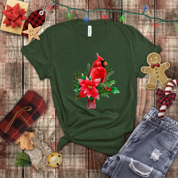 Christmas Shirts/ Red Cardinal With Pine Tree Branches, Holly And Poinsettia Winter Holiday T shirts