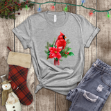 Christmas Shirts/ Red Cardinal With Pine Tree Branches, Holly And Poinsettia Winter Holiday T shirts
