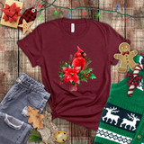 Christmas Shirts/ Red Cardinal With Pine Tree Branches, Holly And Poinsettia Winter Holiday T shirts