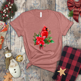 Christmas Shirts/ Red Cardinal With Pine Tree Branches, Holly And Poinsettia Winter Holiday T shirts