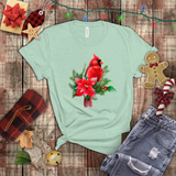 Christmas Shirts/ Red Cardinal With Pine Tree Branches, Holly And Poinsettia Winter Holiday T shirts