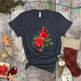 Christmas Shirts/ Red Cardinal With Pine Tree Branches, Holly And Poinsettia Winter Holiday T shirts