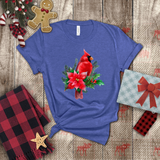 Christmas Shirts/ Red Cardinal With Pine Tree Branches, Holly And Poinsettia Winter Holiday T shirts