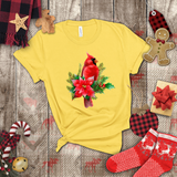 Christmas Shirts/ Red Cardinal With Pine Tree Branches, Holly And Poinsettia Winter Holiday T shirts