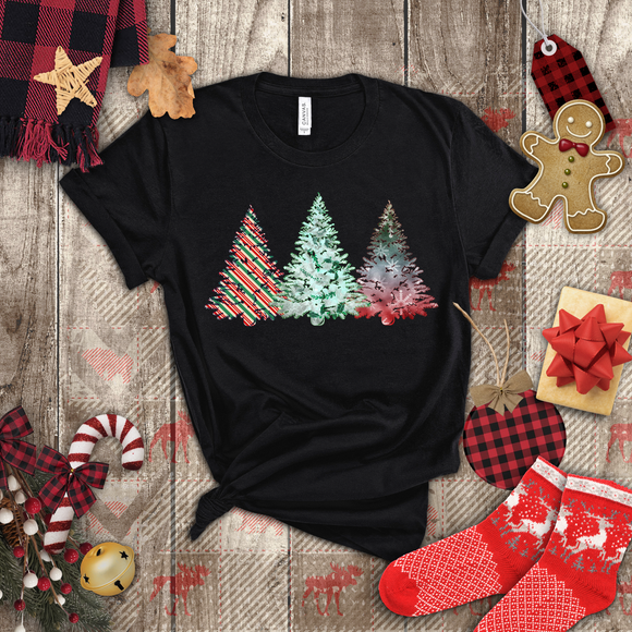 Christmas Shirts/ Watercolor 3 Pine Trees Stripe, Holly Leaves, Snowflakes T shirts