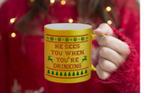 Ugly Christmas Sweater Coffee Mug/ Funny Santa He Sees You When You’re Drinking Metallic Gold, Silver Mug/ Holiday Sweater Coffee Lover Gift