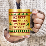 Ugly Christmas Sweater Coffee Mug/ Funny Santa He Sees You When You’re Drinking Metallic Gold, Silver Mug/ Holiday Sweater Coffee Lover Gift