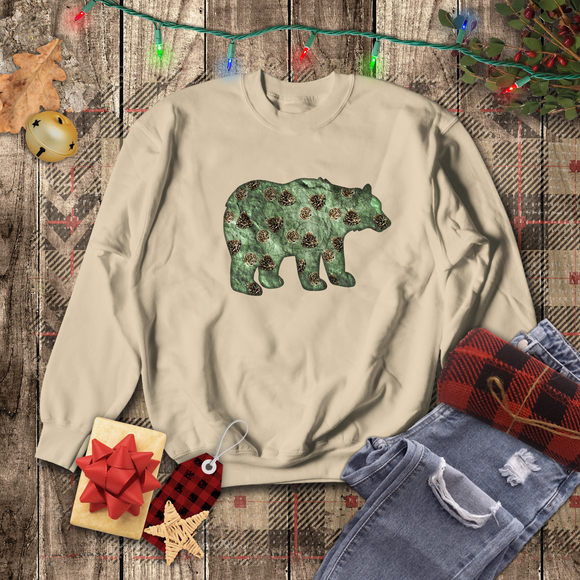 Christmas Bear Sweatshirt/ Emerald Green Bear And Pinecones Winter Holiday Fleece Sweater