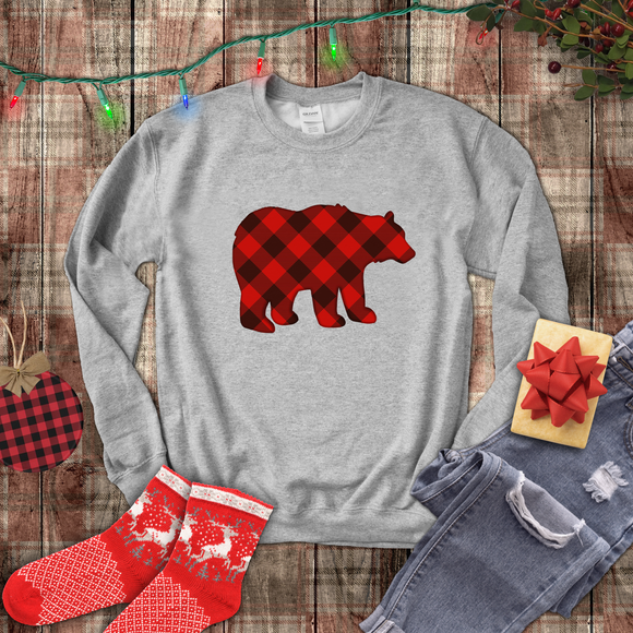 Christmas Bear Sweatshirt/ Red Buffalo Plaid Bear Winter Holiday Fleece Sweater