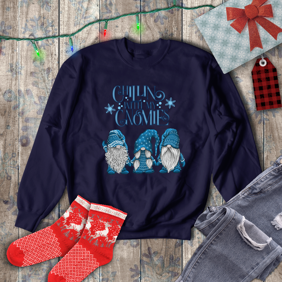 Christmas Sweatshirt/ Chillin With My Gnomies Winter Blue Sweater Gnome Trio Pajama Winter Fleece Sweater