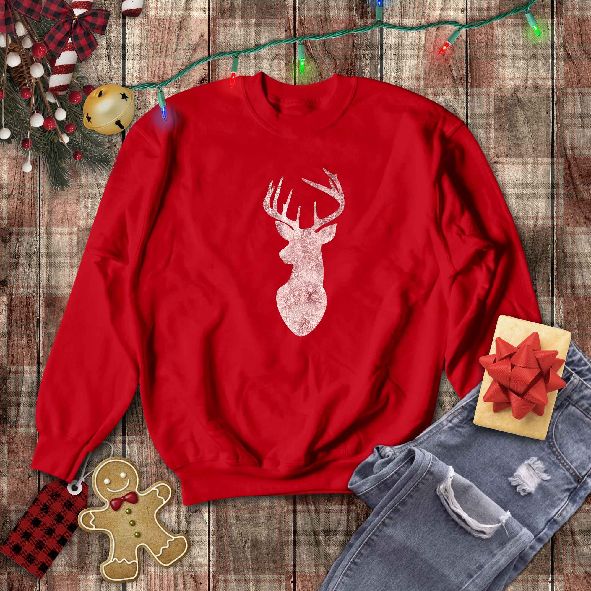 Rose Gold Deer Head Sweatshirt Metallic Rose Gold Buck Christmas