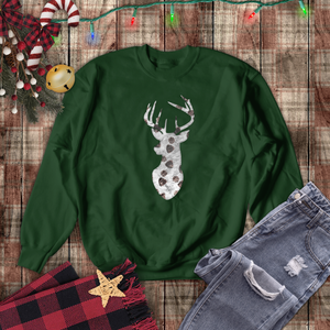 Christmas Deer Sweatshirt/ Gray Parchment textured Deer With Pinecones Winter Holiday Fleece Sweater
