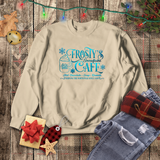 Christmas Sweatshirt/ Frosty's Snowflake Café At The North Pole Metallic Blue Shirt/ Winter Holiday Fleece Sweater