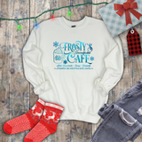 Christmas Sweatshirt/ Frosty's Snowflake Café At The North Pole Metallic Blue Shirt/ Winter Holiday Fleece Sweater